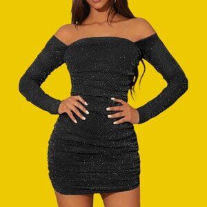 Moeencn Off-Shoulder Mesh Dress sparkly Square Collar Long Sleeve Ruched  Xlarge